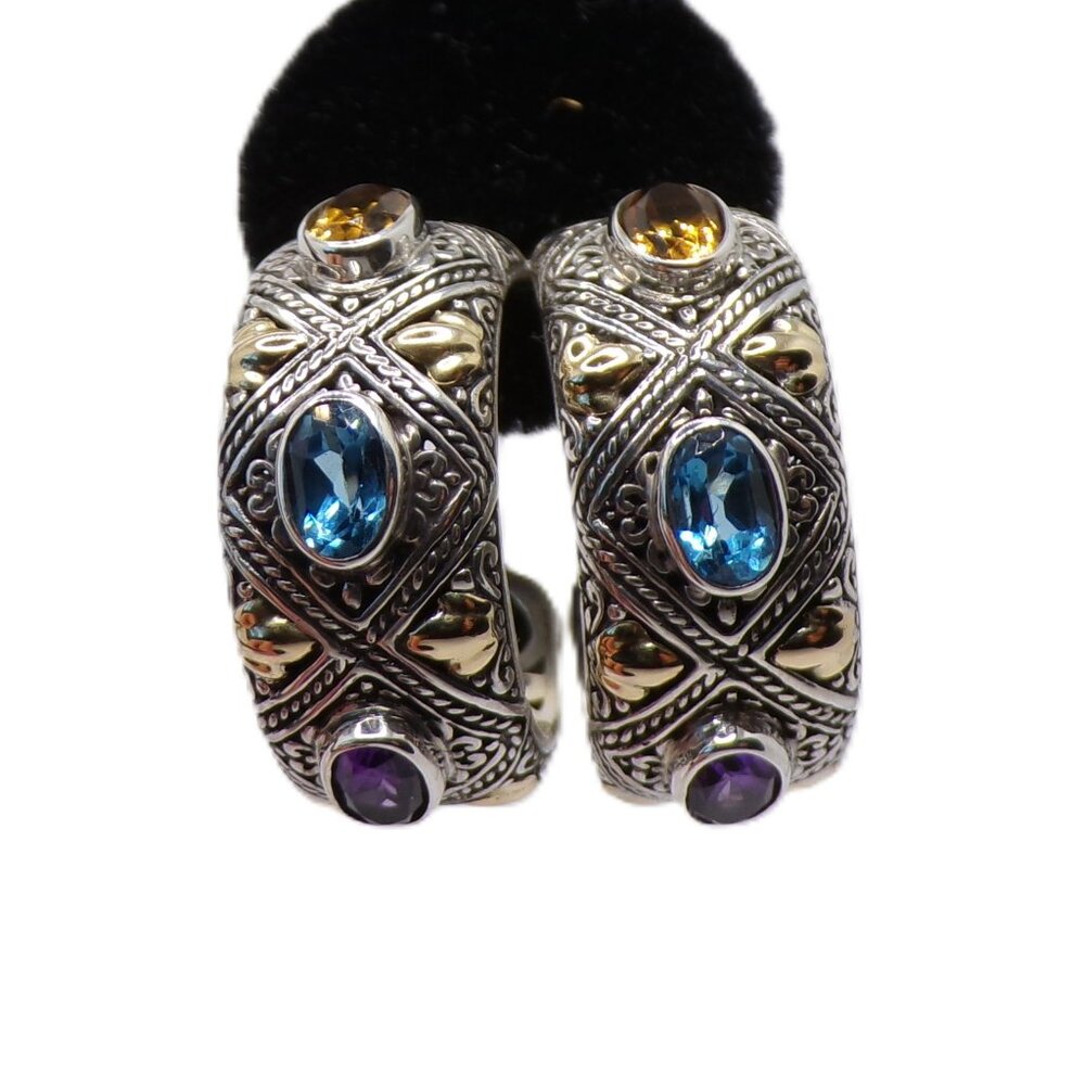 925/18k Accents Ornate Gemstone Hoop Earrings